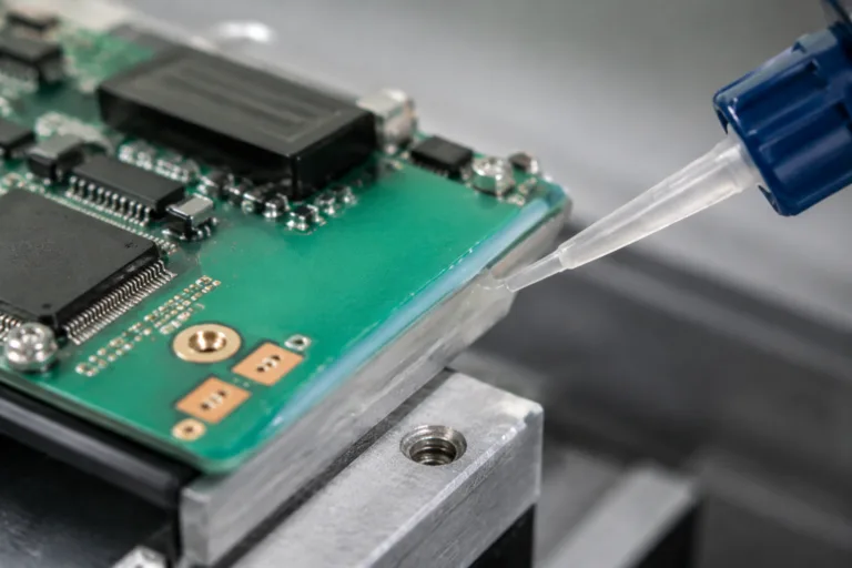 PCB Adhesive 7 A detailed close-up showing precise PCB edge bonding adhesive application for structural support and stability in a clean technical manufacturing environment.