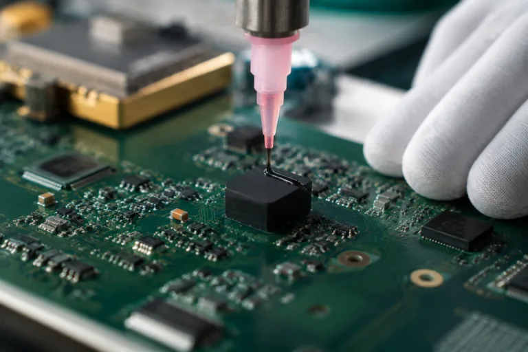 Bonding Adhesive 7 A realistic industrial-style scene of electronic manufacturing, with a close-up showing the precise process of applying adhesive dots and fixing components on a green PCB circuit board. The picture is professional and detailed, without any text or watermark.