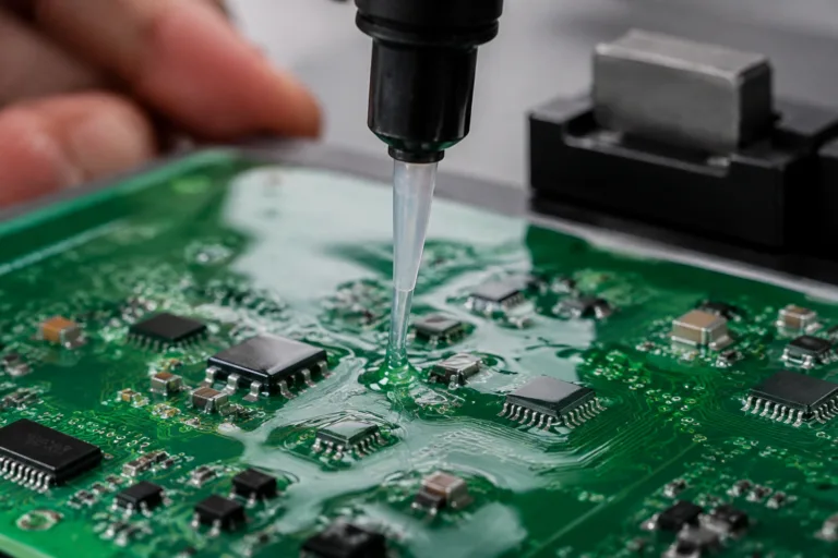 Insulation Adhesive 3 A realistic close-up of protective insulating adhesive on a PCB in a clean electronics manufacturing environment, highlighting component protection and precision application.