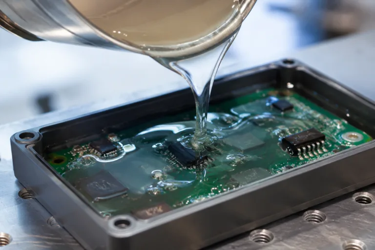 A realistic close-up industrial scene showing PCB potting adhesive being applied to a circuit board inside a protective enclosure, highlighting encapsulation for moisture and vibration protection.