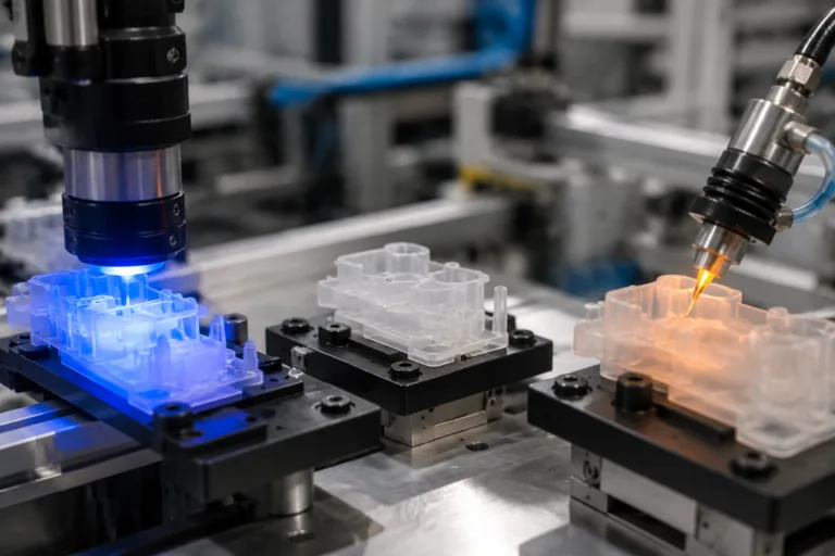 Plastic Adhesive 16 A realistic close-up industrial scene illustrating plastic adhesive curing methods, including UV curing, room-temperature curing, and heat-assisted curing in a professional manufacturing environment.