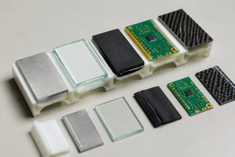Plastic Adhesive 12 A realistic technical product photography scene focused on selecting adhesives for plastic bonding with multiple material pairings for evaluation.
