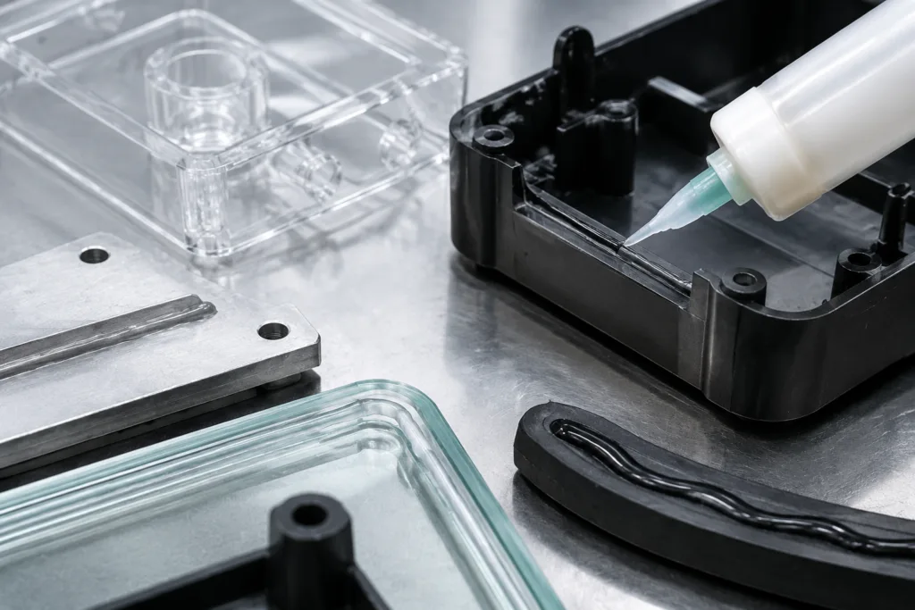 Plastic Adhesive 2 A clean manufacturing-style product photo illustrating multiple plastic adhesive applications, including plastic-to-plastic, plastic-to-metal, plastic-to-glass, and plastic-to-rubber bonding, with housings, transparent parts, and industrial components.