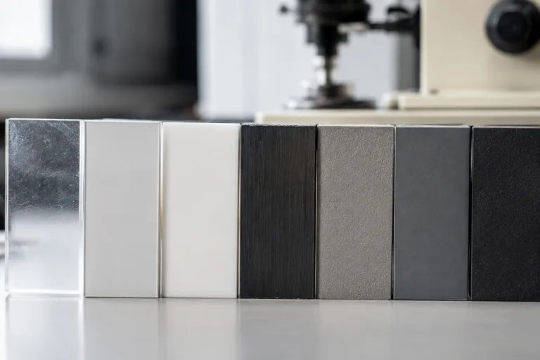 Plastic Adhesive 11 A subtle industrial lab scene comparing plastic samples with different surface energy properties for adhesive selection, presented in a professional product photography style.