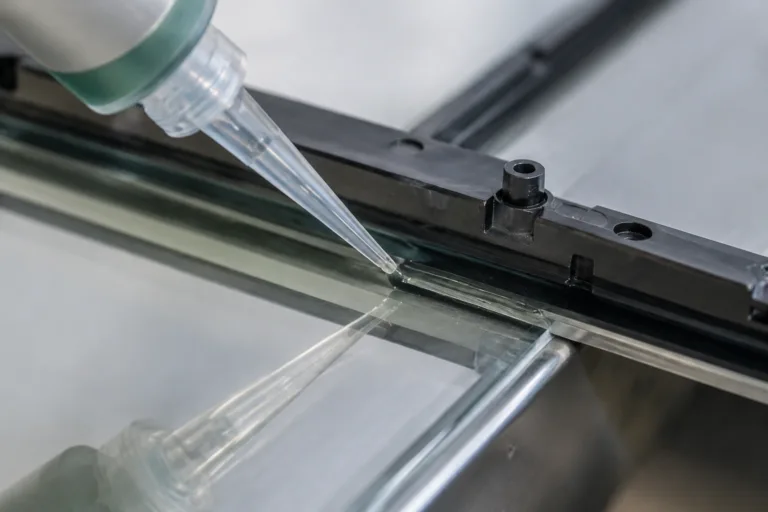 Plastic Adhesive 5 A realistic close-up scene showing transparent adhesive applied to bond a plastic frame with a glass panel, emphasizing a neat bonding line in a professional lighting or display assembly environment.