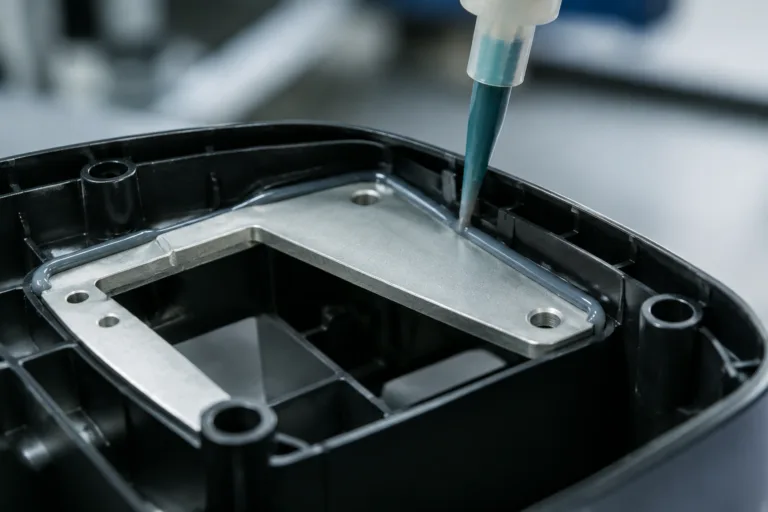 Plastic Adhesive 4 A realistic close-up product photo showing plastic-to-metal adhesive bonding on a metal insert, bracket, or frame attached to a plastic housing in a clean industrial assembly environment.