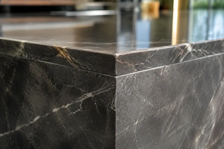 Stone Adhesive 14 A professional close-up product photography scene showing polished stone seams, a carefully color-matched repair area, clean finished surfaces, and visually subtle adhesive joints in a premium decorative stone fabrication setting.
