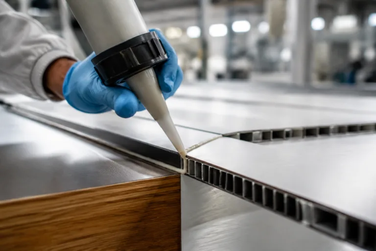 A realistic manufacturing scene showing polyurethane adhesive being applied to an industrial panel assembly.
