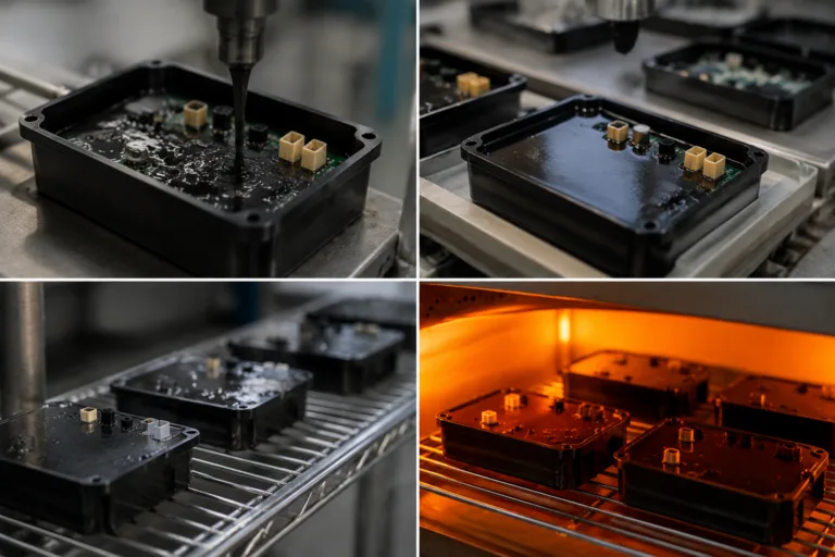 A realistic industrial close-up depicting electronic modules undergoing potting adhesive curing, with visual emphasis on room-temperature curing and heat-assisted curing processes.