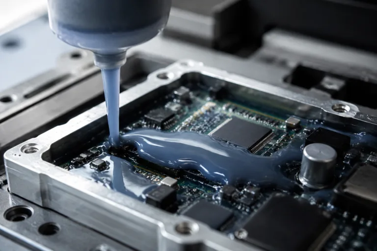 Professional product-style close-up of potting adhesive being dispensed into a compact electronics module, with resin clearly flowing around densely packed components and into tight gaps. The scene emphasizes viscosity, controlled fill behavior, and realistic manufacturing detail.