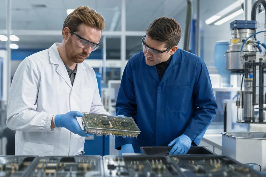 A professional adhesive laboratory scene showing engineers reviewing potted electronic assemblies and resin preparation for moisture protection performance.