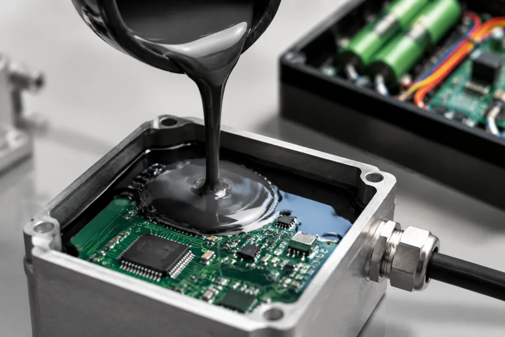A realistic close-up industrial scene showing potting adhesive resin used to protect PCBs, sensors, LED modules, batteries, and power supplies inside electronic housings.