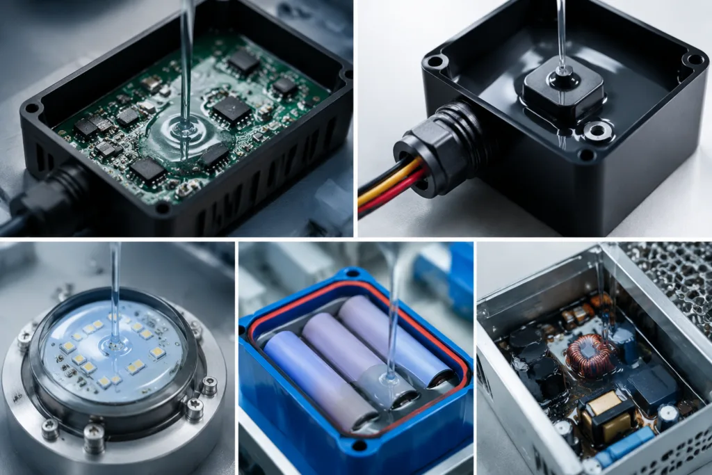 A realistic close-up product photography scene featuring potting adhesive resin used to protect electronic components in housings and modules, including PCB protection, sensor encapsulation, LED module potting, battery protection, and power supply sealing.
