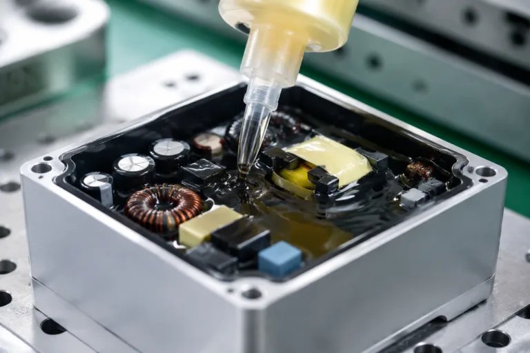 A professional industrial close-up showing potting adhesive being poured into a power supply or transformer housing to protect internal components with insulation and moisture resistance.