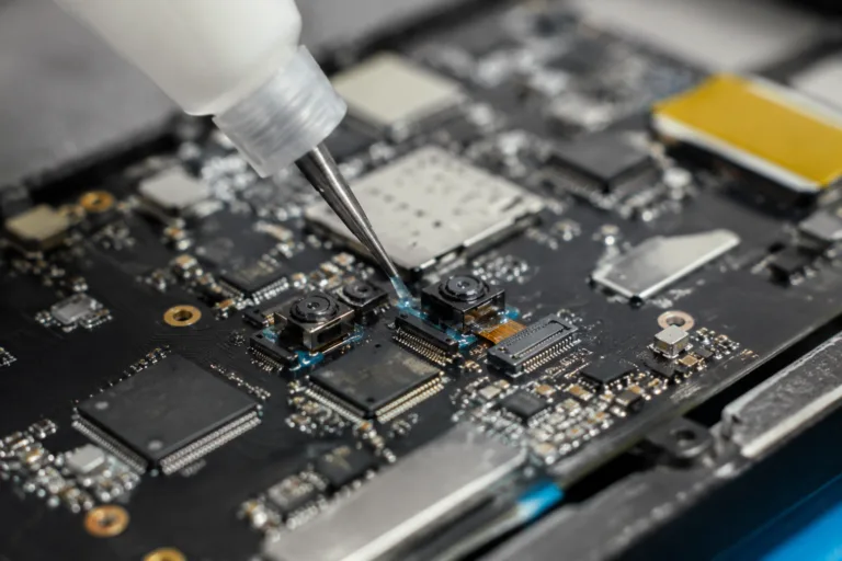 PCB Adhesive 8 A realistic high-detail close-up of precision adhesive application on a PCB, with adhesive placed carefully around sensors, mini modules, and compact electronic components in a professional electronics manufacturing setting.
