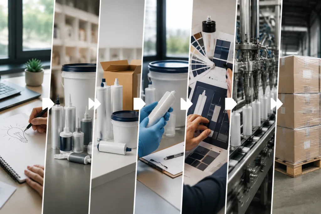 Custom Adhesive Formulation 4 A clean premium B2B industrial visual showing the full private label adhesive workflow in a left-to-right sequence: market idea, product selection, packaging confirmation, sample approval, label preparation, factory production, and cartons ready for shipment.