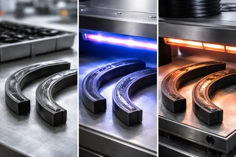 Rubber Adhesive 16 A realistic manufacturing close-up depicting different rubber adhesive curing methods used in industrial bonding applications, including room-temperature curing, fast curing, and heat-assisted curing.