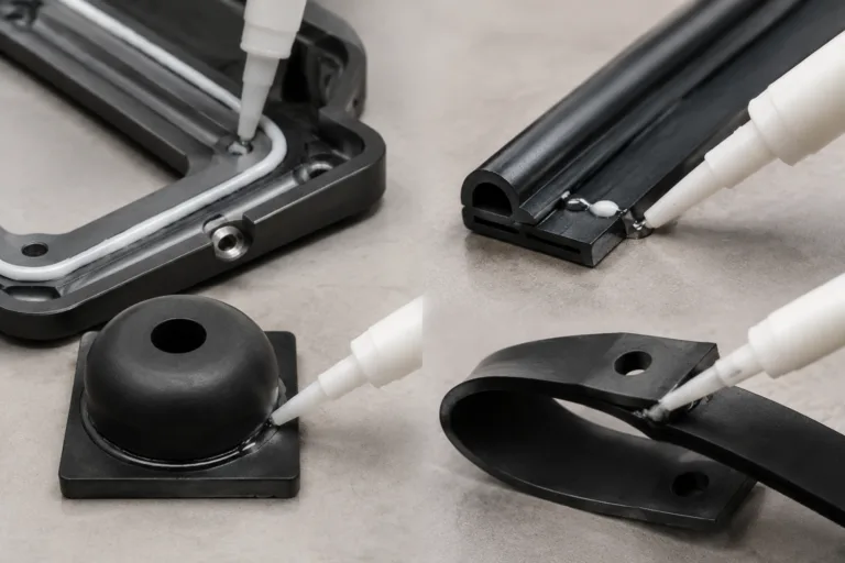 Rubber Adhesive 13 A realistic clean composition demonstrating sealing and bonding applications for rubber adhesive selection, with gasket sealing, strip fixing, anti-vibration pad bonding, and flexible part assembly.