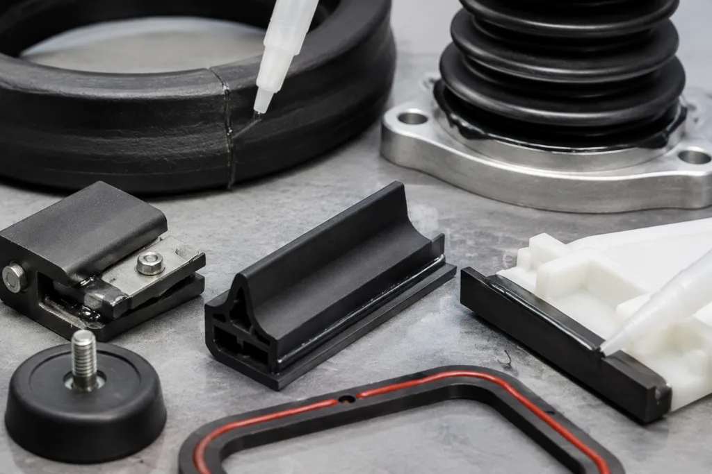 Rubber Adhesive 2 A realistic close-up product photography scene illustrating rubber adhesive applications across rubber, metal, and plastic parts, with gaskets, sealing strips, vibration pads, and protective flexible components arranged in a clean industrial composition.