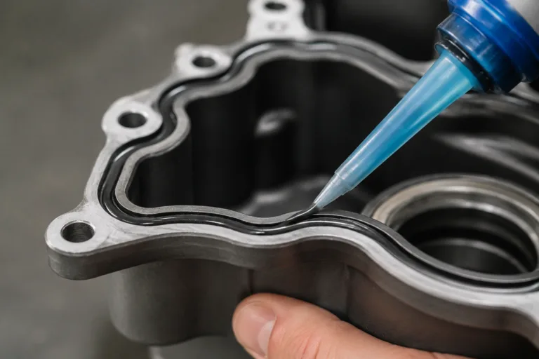Rubber Adhesive 7 A realistic close-up of gasket bonding in a precision industrial assembly, with the adhesive application and sealing interface clearly visible.