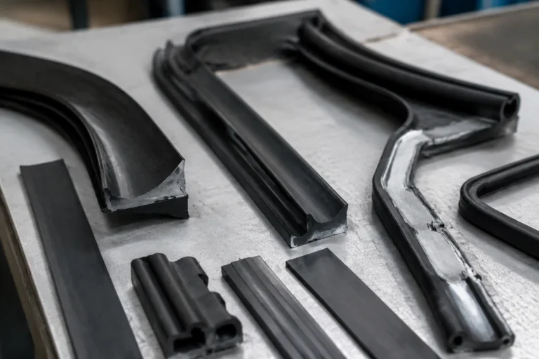 Rubber Adhesive 14 A detailed professional close-up of flat rubber joints, curved profiles, narrow strips, irregular edges, and compressed sealing zones ready for adhesive application in a clean manufacturing environment.
