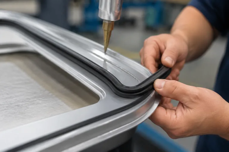 Rubber Adhesive 6 A realistic close-up industrial assembly image showing adhesive bonding a rubber sealing strip to the edge of a housing or door frame, with a professional clean finish and no text or watermark.