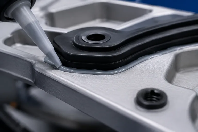 Rubber Adhesive 4 A realistic macro product photo showing rubber-to-metal bonding adhesive application on an automotive or industrial component.