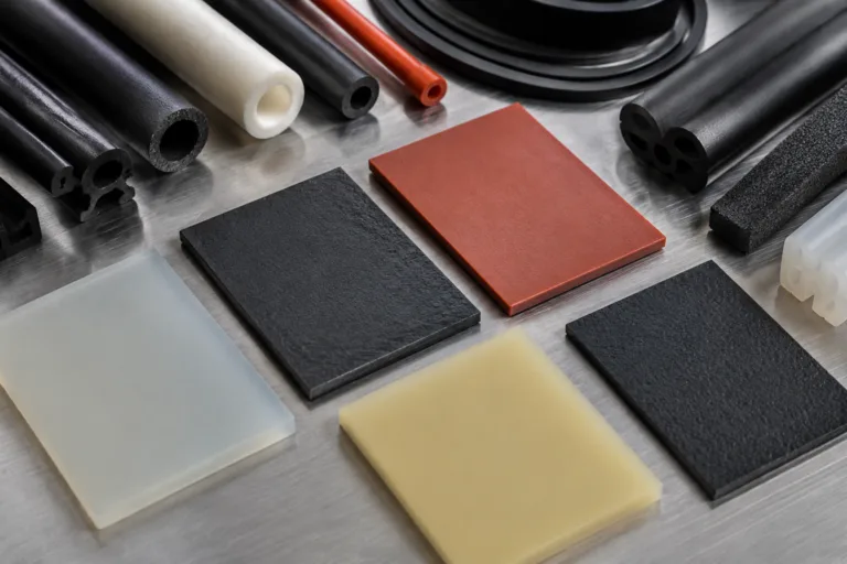 Rubber Adhesive 10 A clean realistic industrial close-up showing multiple rubber and elastomer samples prepared for adhesive selection and bonding tests.