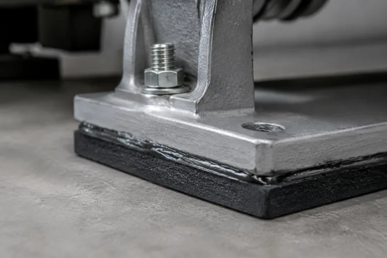 Rubber Adhesive 8 A detailed industrial product photo showing a cushioning rubber pad adhered to a metal support part, emphasizing vibration damping and flexible bonding.