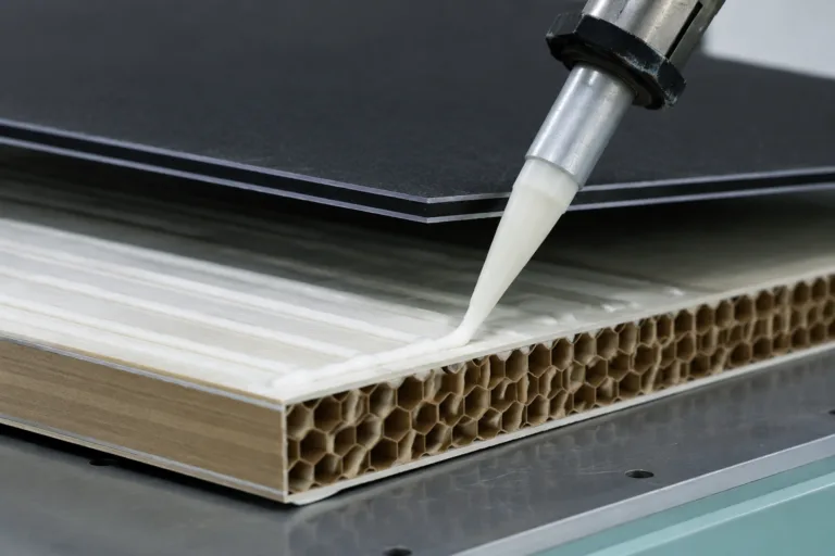 Composite Adhesive 6 Realistic close-up product photography of sandwich panel assembly showing adhesive bonding between composite face sheets and a lightweight core structure, with visible layered construction for industrial or transportation panel manufacturing.