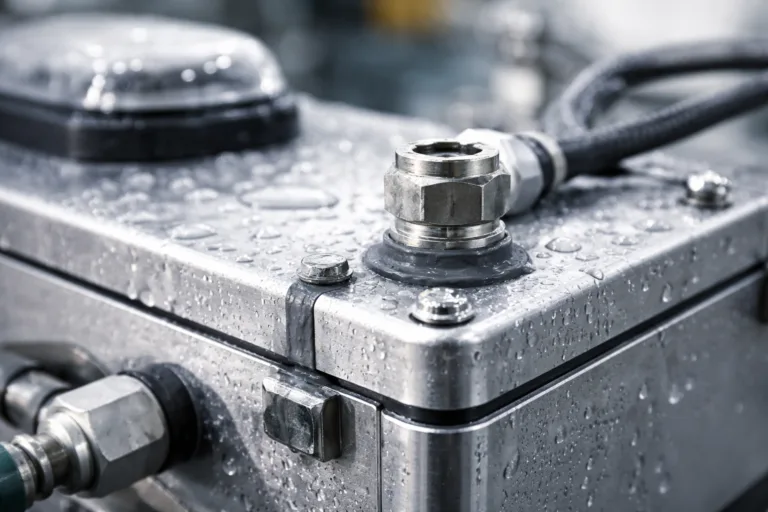 Sealing Adhesive 15 A realistic industrial close-up showing sealed product parts under harsh environmental conditions, emphasizing durability and protection.