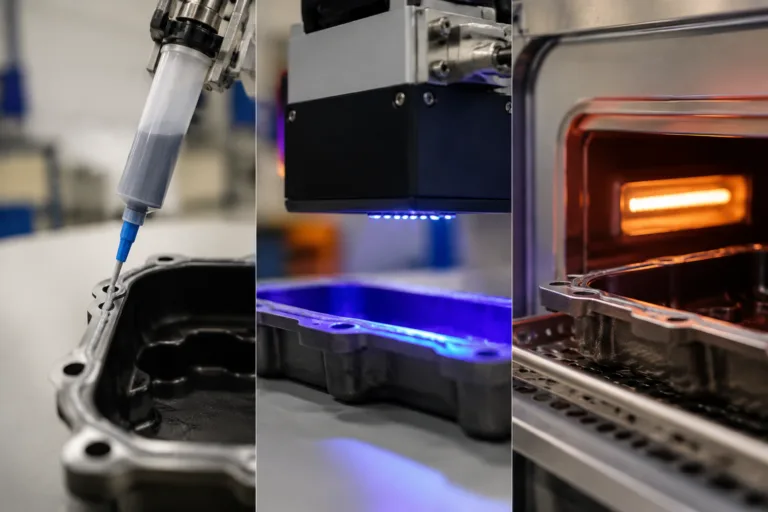 Sealing Adhesive 14 A realistic close-up manufacturing scene depicting different sealant curing approaches in an industrial environment, including room-temperature curing, UV curing, and heat-assisted curing.