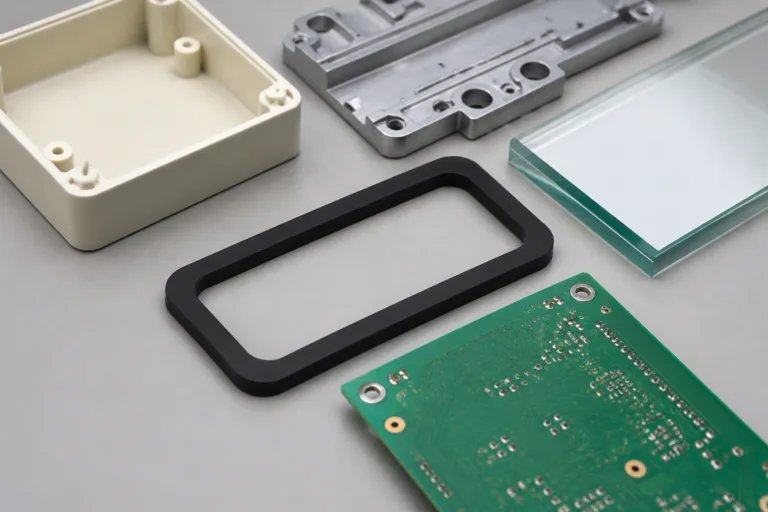 Sealing Adhesive 11 A realistic studio-style technical composition displaying multiple materials used for sealing adhesive compatibility planning, including plastic, metal, glass, rubber, and a PCB.