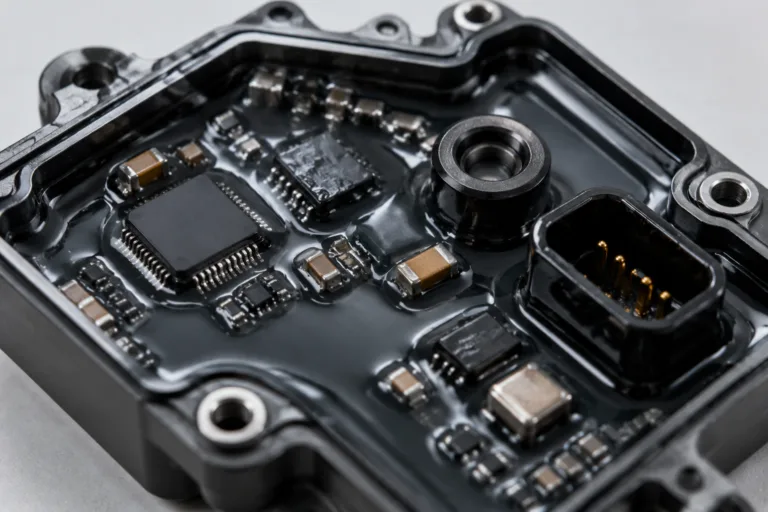 A realistic close-up of delicate electronic components inside a module, illustrating the need for protective potting adhesive against moisture, vibration, and impact.