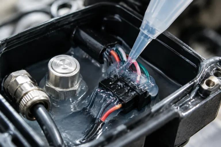 Waterproofing Adhesive 8 A realistic industrial close-up showing waterproof adhesive applied around sensor parts, cable joints, and wire connectors for moisture, vibration, and corrosion protection.