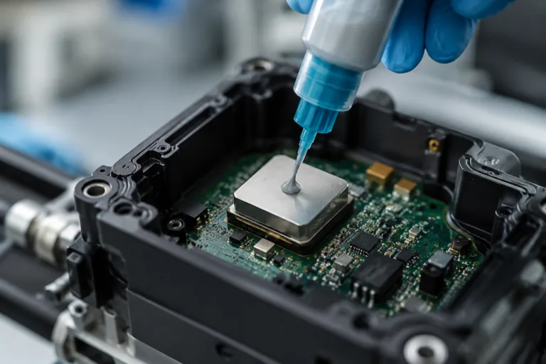 Thermally Conductive Adhesive 8 A realistic close-up scene showing thermally conductive adhesive applied inside a compact sensor or control module housing, emphasizing component fixation and heat dissipation in a clean electronics manufacturing setting.