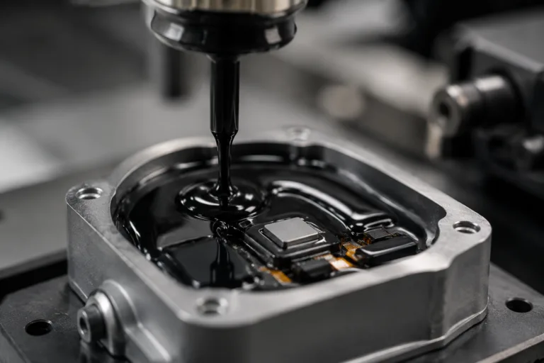 A realistic industrial product photo showing sensor potting adhesive being applied to protect small sensor components inside a compact housing, with a clean electronics manufacturing setting.