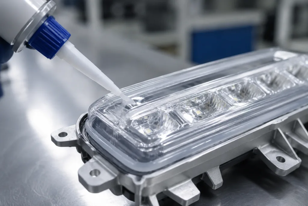 A realistic industrial image showing silicone being applied to an LED housing and lens joint for sealing and weather resistance.