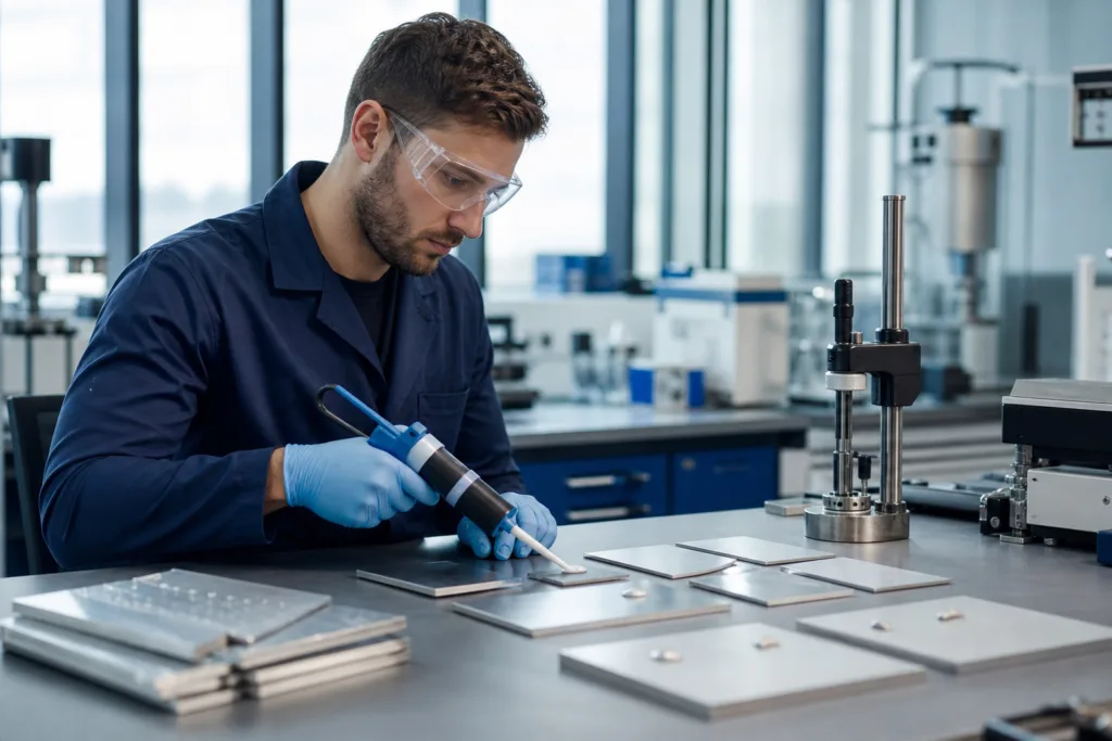A laboratory scene showing substrate compatibility testing for silicone bonding on metal parts.