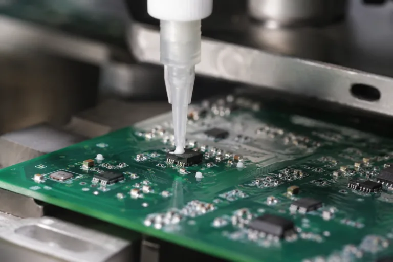 PCB Adhesive 5 A realistic industrial close-up showing SMT component attachment adhesive applied to a PCB during assembly, with precise placement and a clean professional manufacturing setting.