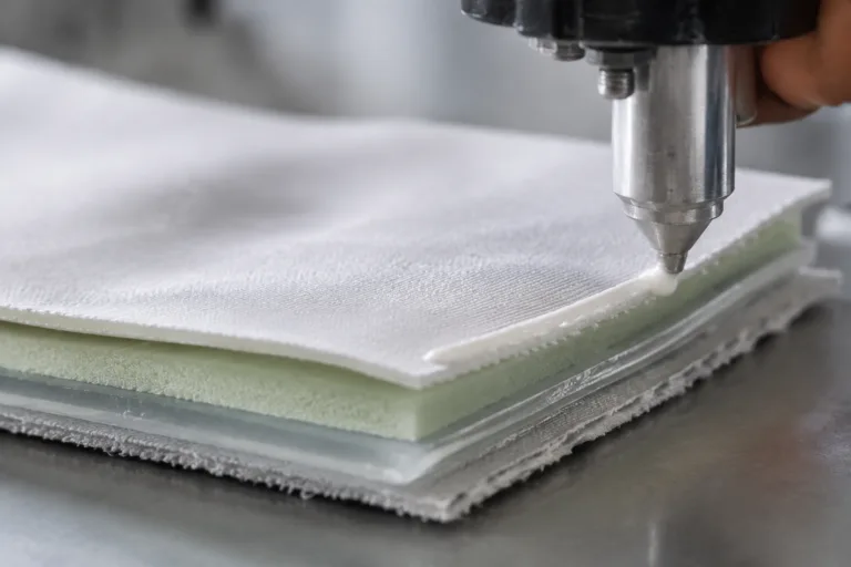A clean professional close-up showing fabric, foam, and film layers assembled with adhesive into a stable flexible composite structure in a soft goods manufacturing environment.