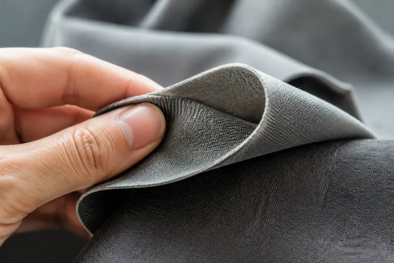 A professional close-up product photo of bonded textile layers tested for flexibility, highlighting smooth bending and a soft hand feel.