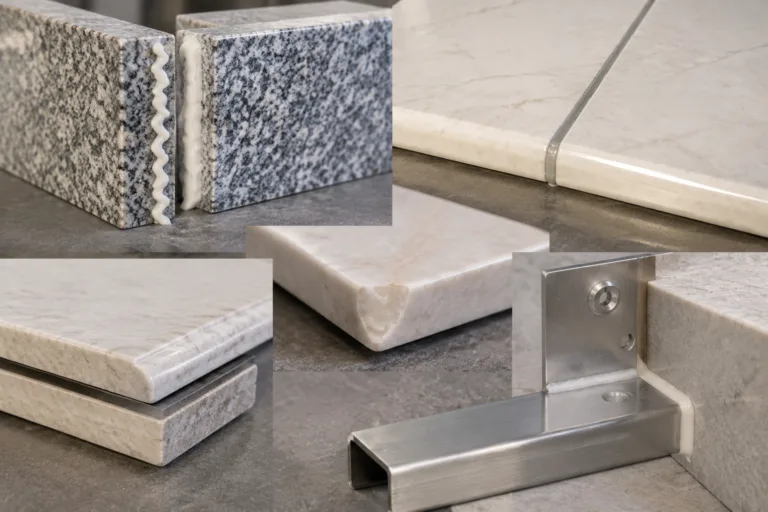 Stone Adhesive 11 A realistic technical close-up illustrating multiple stone adhesive use cases in fabrication, including bonding, seam joining, chip repair, edge lamination, and stone-to-metal assembly.