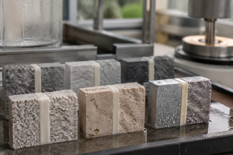 Foam Adhesive 11 A realistic close-up composition of stone components bonded together for adhesive selection testing, with visual cues representing indoor and outdoor exposure, long-term durability, and weather resistance.