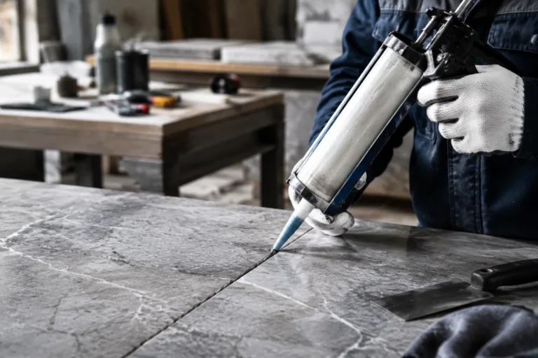 Stone Adhesive 17 A realistic industrial close-up showing stone adhesive use during fabrication and controlled installation, including dispensing, mixing, seam alignment, and repair handling.