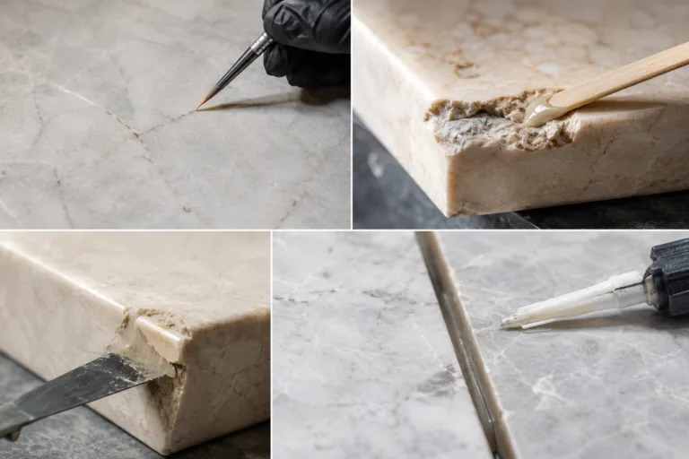 Stone Adhesive 15 A professional product-style close-up showing multiple stone repair conditions for adhesive selection, including fine crack filling, chip filling, edge repair, and wider seam preparation in a realistic fabrication environment.
