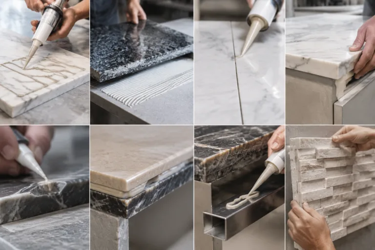 Stone Adhesive 3 A realistic industrial product photography scene illustrating multiple stone adhesive applications in a clean fabrication setting.