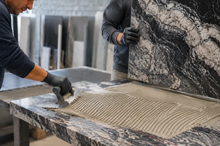 Stone Adhesive 16 A realistic close-up fabrication scene showing adhesive application on a flat stone workbench and an upright decorative stone panel, highlighting precise placement and controlled angle during assembly.