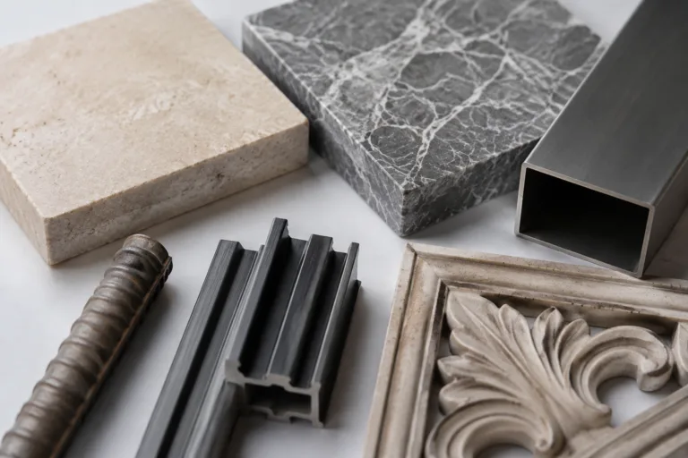 Stone Adhesive 12 A clean technical composition showing stone bonded or paired with stone, metal, and decorative structural support materials for adhesive selection and evaluation, presented in a realistic professional studio style.