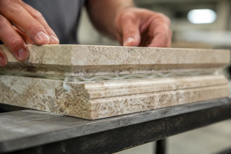 Stone Adhesive 13 A realistic close-up product photo showing stone edge lamination adhesive being applied between layered stone pieces to form a thicker decorative countertop profile.